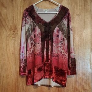 One World Boho Mixed Media Top Velvet & Jersey Rose Beige V-Neck Long Sleeve M